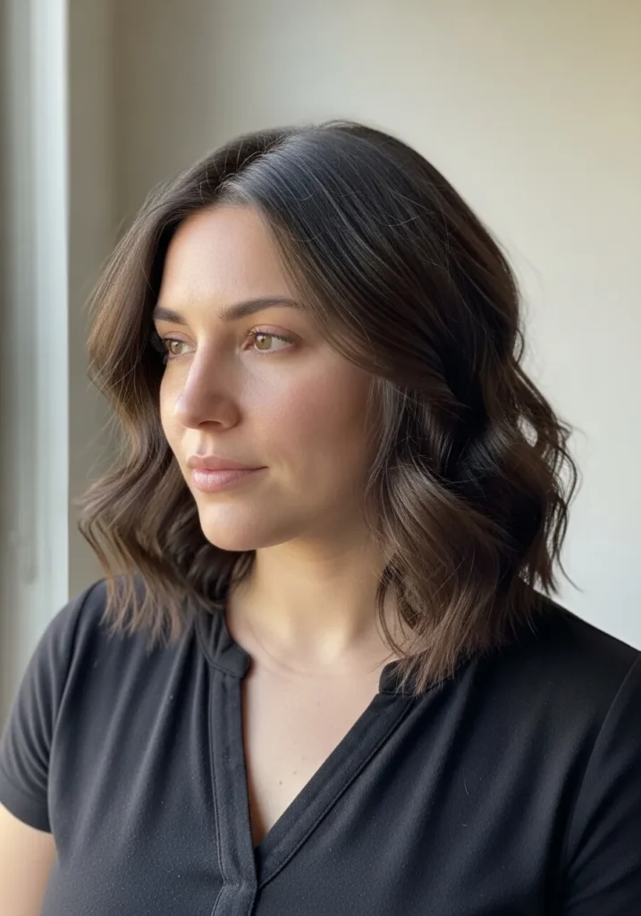 Shoulder length thick brunette wavy hair with soft natural volume.