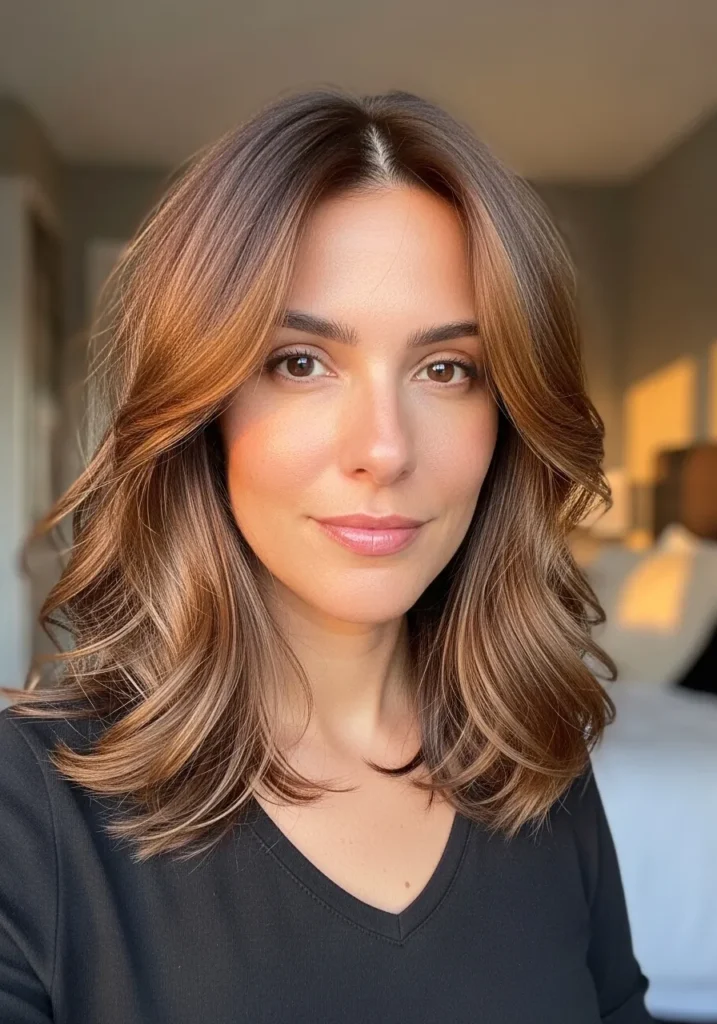 Medium length thick brunette wavy hair with face framing layers and soft volume.
