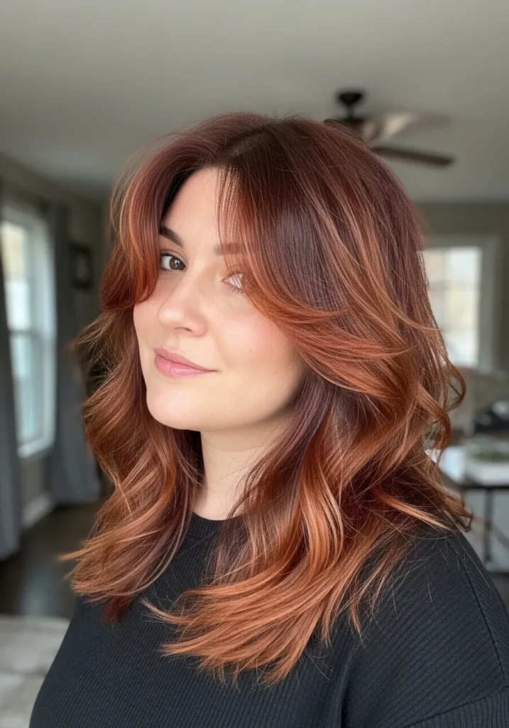 Medium length thick copper wavy hair with defined texture and full volume.