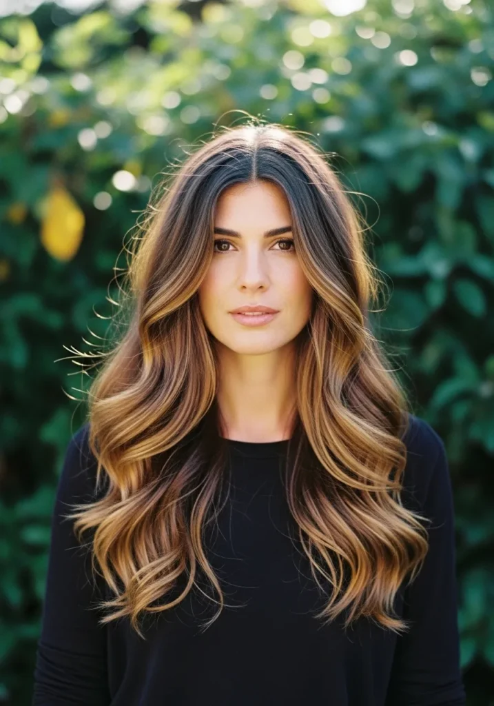 Long thick wavy hair with warm brunette and golden highlights and soft voluminous layers.
