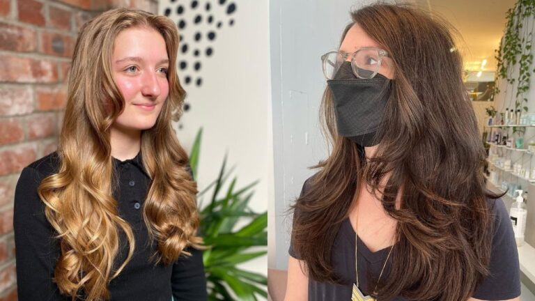 Long thick wavy hairstyles with soft layers, featuring golden blonde waves on one side and rich brunette voluminous waves on the other.