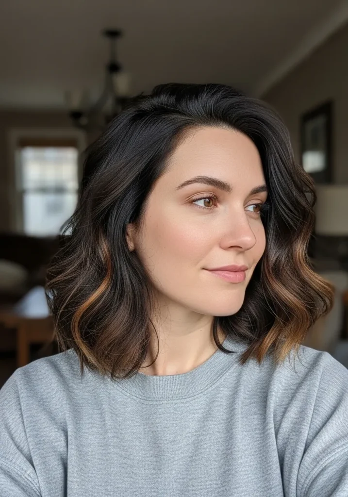 Shoulder length thick brunette wavy lob with soft waves and natural volume.