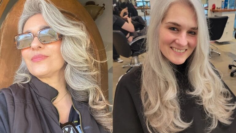 A side-by-side comparison displays two elegant long hairstyles for women, featuring voluminous silver-grey waves with a deep side part on the left and a soft ash-blonde layered cut with curled ends on the right.