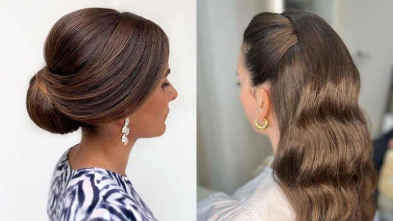 18 Classy Hairstyle Ideas for a Refined Timeless Vibe Two women showcase classy, refined hairstyles, featuring a sleek brunette low chignon with smooth volume on the left and elegant vintage-inspired waves pinned back at the temple on the right.