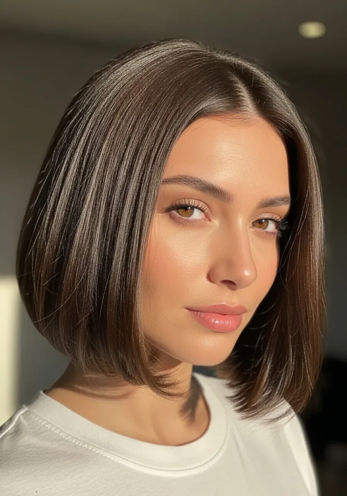 Chin length blunt bob with a center part and smooth brunette finish.
