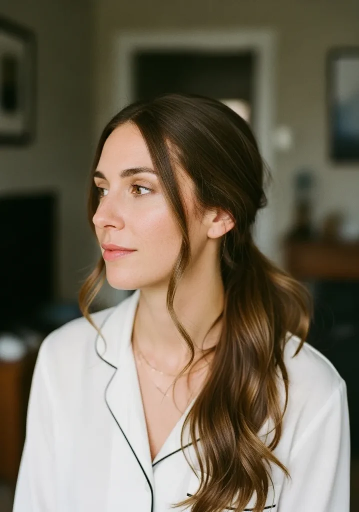 Long hair in a low ponytail with soft waves and a smooth crown.