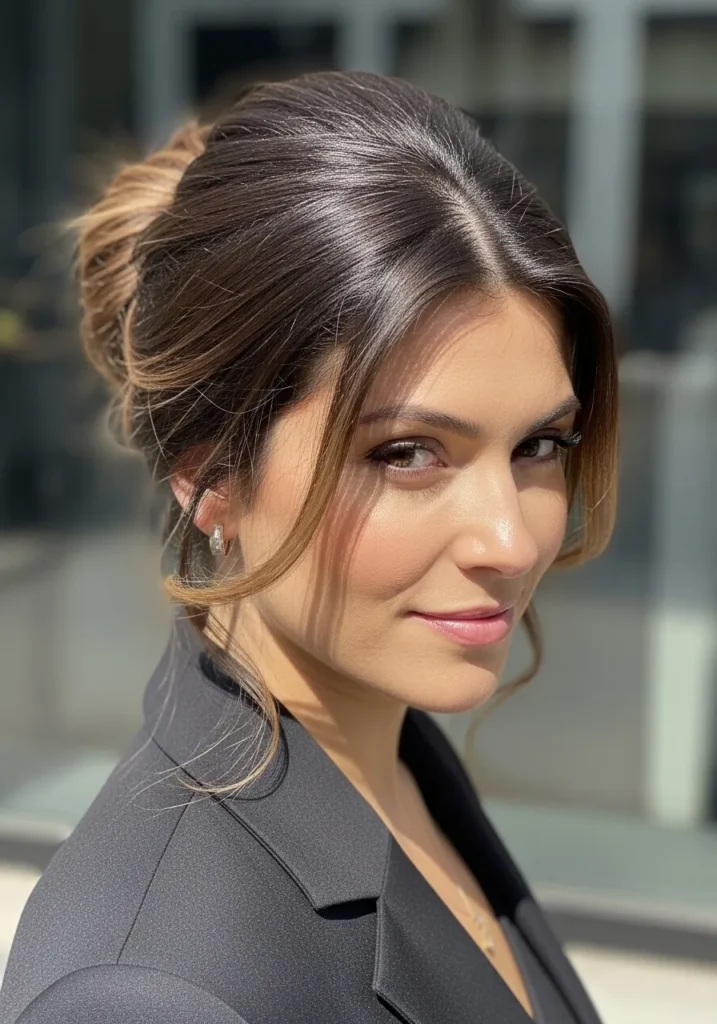 Loose updo with soft face framing strands and a relaxed polished finish.