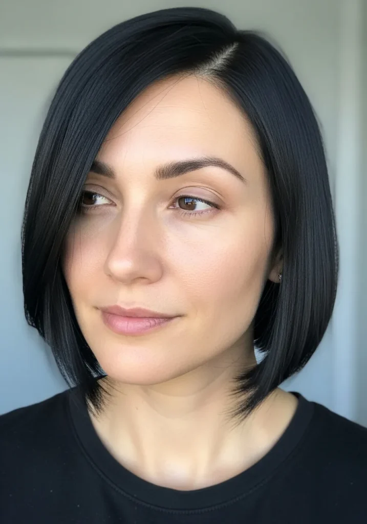 Short asymmetrical bob with sleek straight texture and a deep dark color.