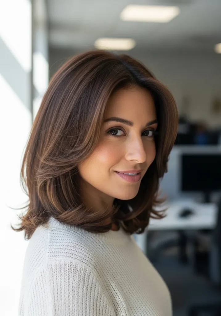 Shoulder length layered hair with a soft blowout and natural volume in brunette tones.
