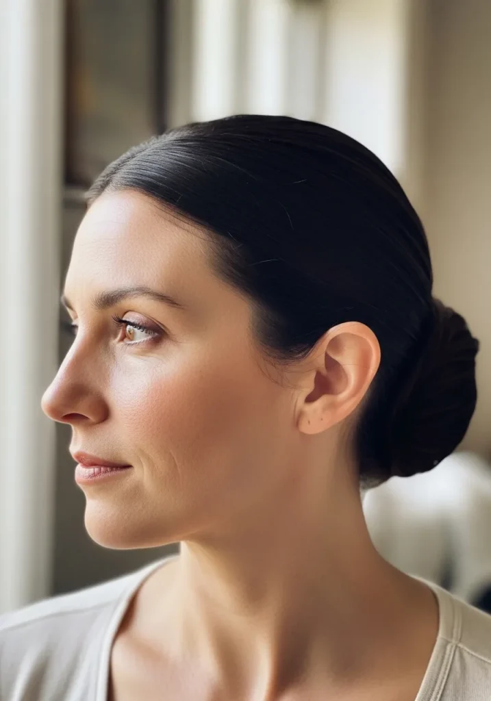 Sleek low bun with a smooth polished finish and neatly secured hair.