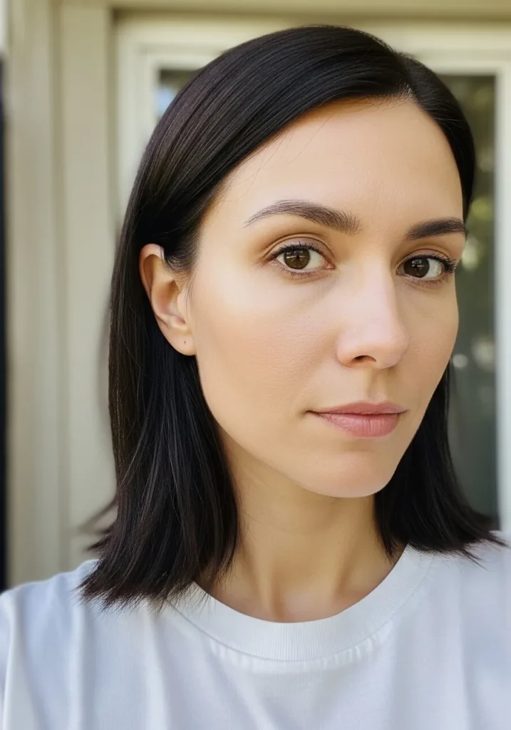 Short blunt bob with a side part and one side tucked behind the ear for a sleek finish.