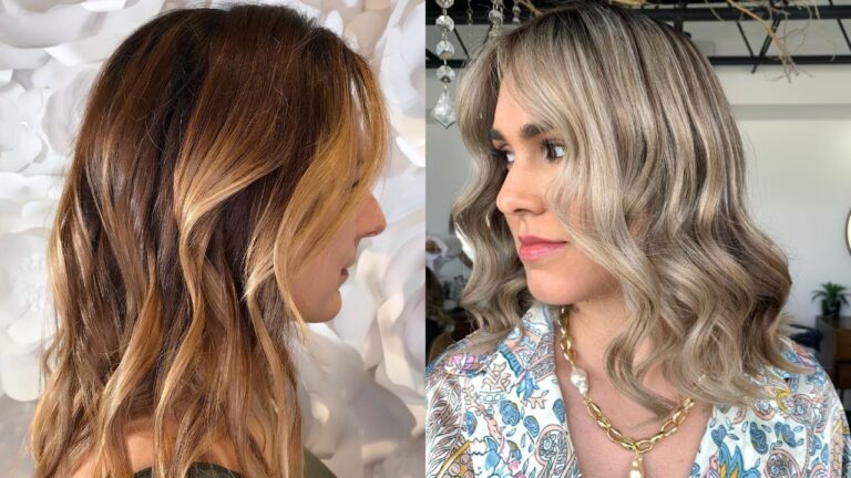 18 Classy Workplace Hairstyles That Feel Confident and Refined Shoulder length wavy lob with soft layers and blended blonde highlights creating natural dimension and movement.