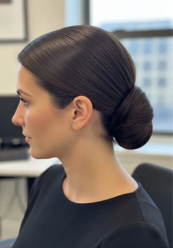 Sleek low bun with a side part and smooth polished finish at the nape.