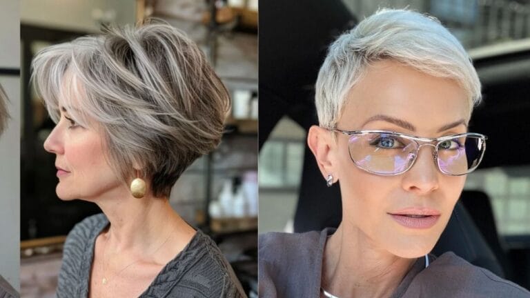 Two side-by-side photos showcasing short silver and white hairstyles on women — a layered, voluminous bob seen from the side on the left, and a sleek, close-cropped pixie cut worn with silver-framed glasses on the right.