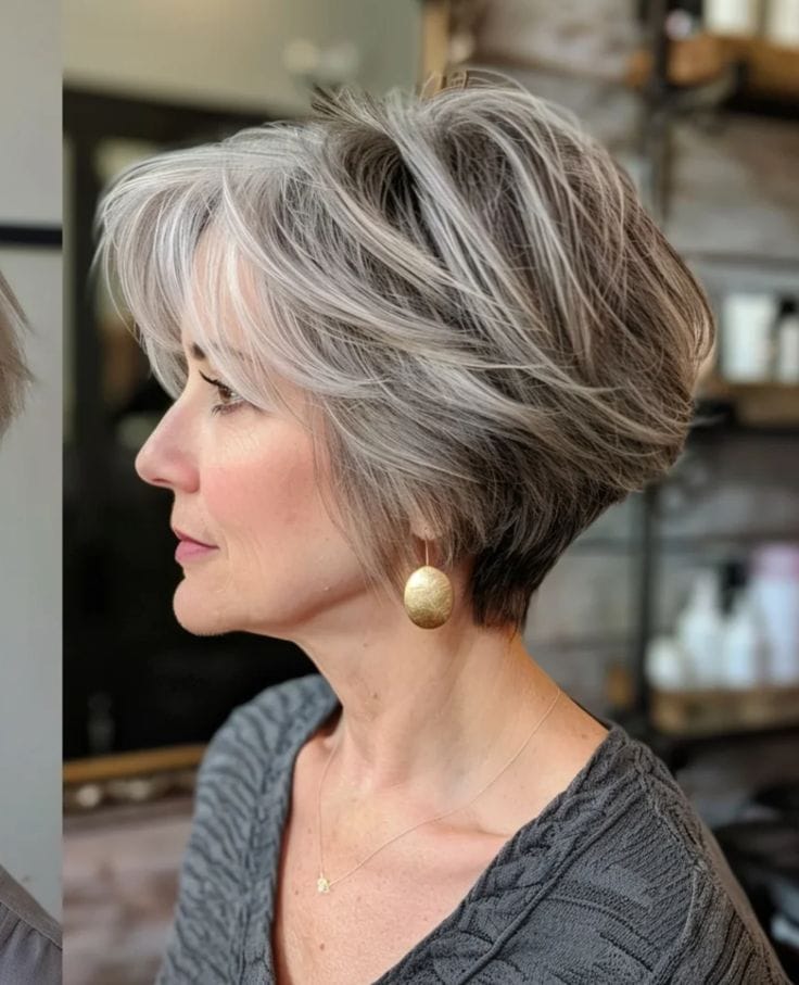 A woman with a voluminous salt and pepper wedge haircut and feathered silver layers is shown in a side profile.