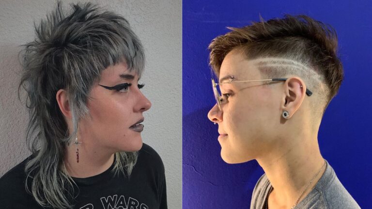 Cool Tomboy Haircuts That Instantly Stand Out Two women with edgy tomboy hairstyles, one with a textured gray shag mullet and the other with a short undercut featuring a shaved line design and longer top.