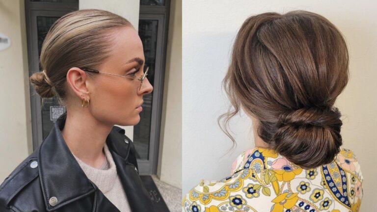 18 Elegant Summer Bun Hairstyles You Will Want to Wear Everywhere A side-by-side comparison of two elegant low bun hairstyles — a sleek, tightly pulled-back bun on blonde hair and a softly twisted, loosely pinned updo on brunette hair.