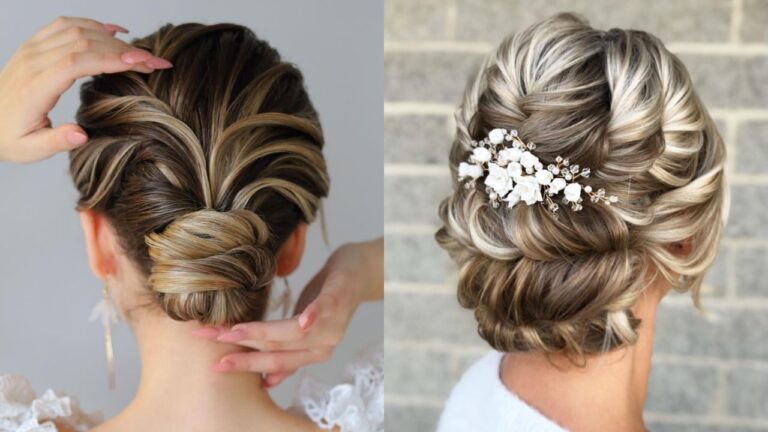 Two women model elegant updo hairstyles for special events, featuring a sleek brunette French twist with smooth, overlapping sections on the left and a voluminous blonde textured bun adorned with a white floral hairpiece on the right.