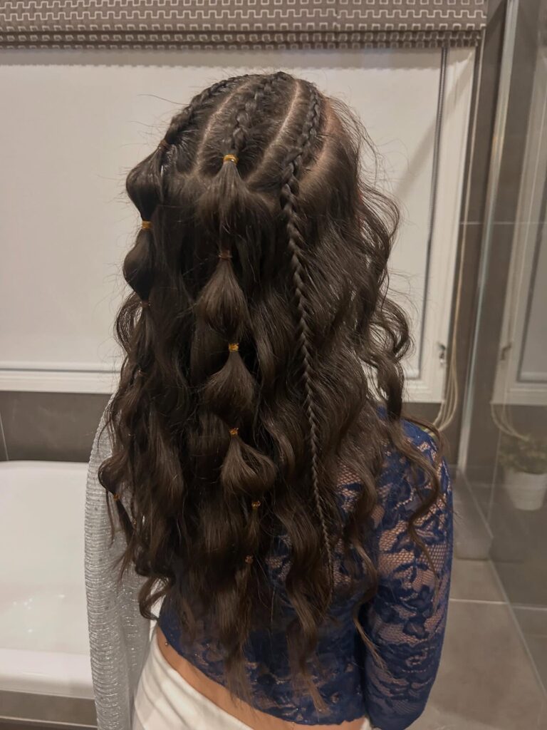 A woman with long wavy brown hair seen from behind styled with five scalp braids, bubble ponytail segments, and thin side braids.
