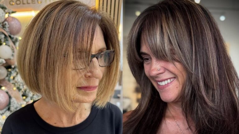 Two older women with layered haircuts featuring soft side and curtain bangs that blend naturally into shoulder-length styles.