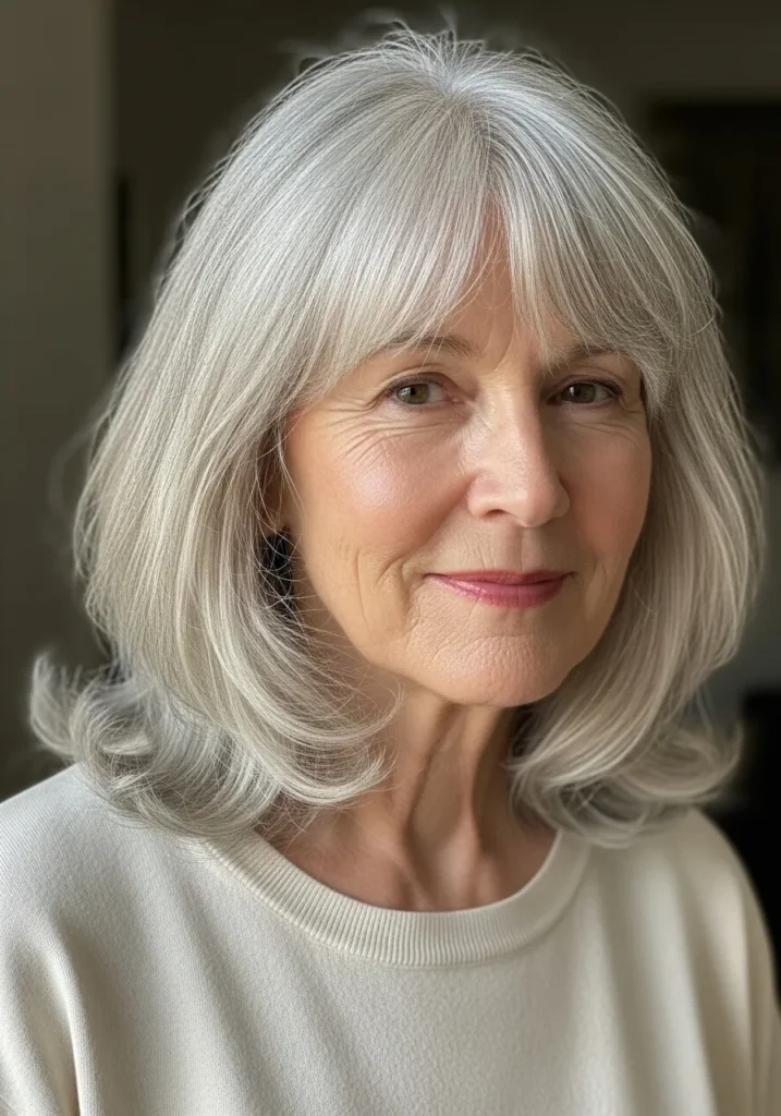Shoulder-length silver hair with soft layers and feathered bangs framing the face.