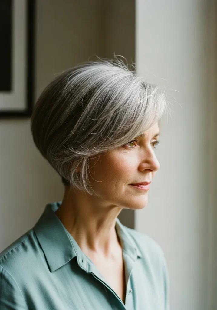 Short gray cropped haircut with a smooth side swept fringe.