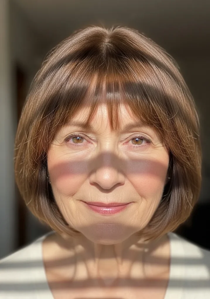 Chin-length brown bob with light straight bangs across the forehead.