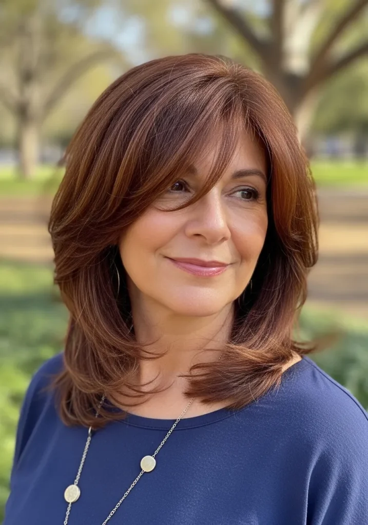 Medium-length auburn layered hair with soft side bangs.