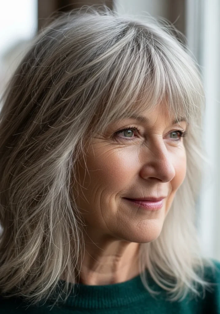 Long silver layered hair with a soft wispy fringe.