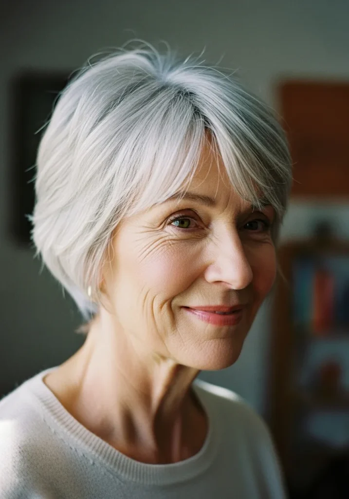 Short silver pixie haircut with textured layers and a soft fringe.