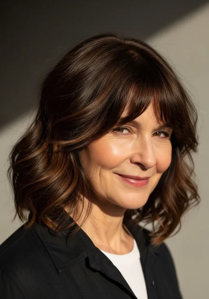 Shoulder-length layered brunette lob with soft curtain bangs and loose waves.