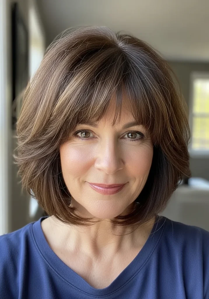 Chin-length rounded brown bob with full soft bangs and subtle layers.