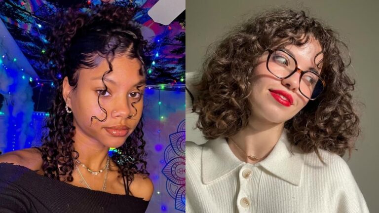 Two women display fun short curly hairstyles, featuring a dark curly half-up style with polished edge-styling and spiral tendrils on the left and a voluminous brunette curly bob with a bouncy, face-framing fringe on the right.