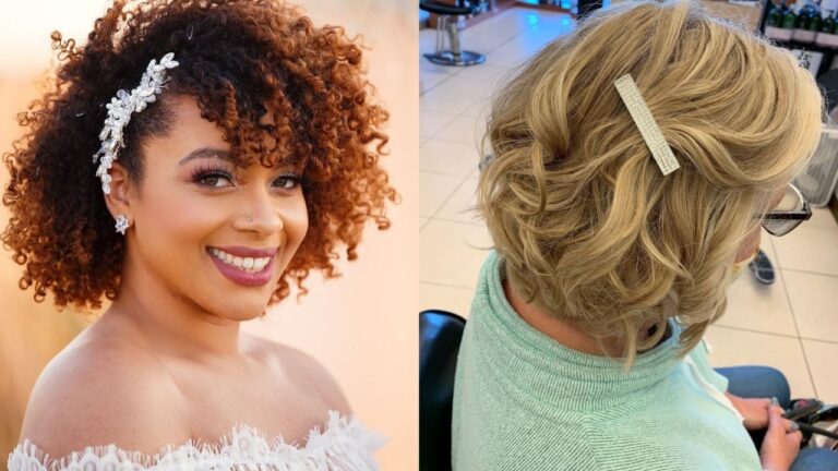 Two women display gorgeous short curly hairstyles for weddings, featuring a voluminous auburn afro-textured cut with a sparkling floral headband on the left and a sophisticated blonde curly bob accented with a sleek crystal barrette on the right.