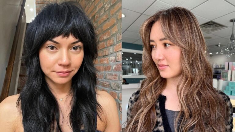 Two women with long layered hairstyles, one with textured shaggy layers and bangs and the other with soft wavy layers and face framing highlights.