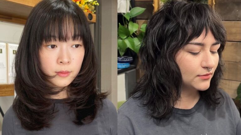 A side-by-side comparison shows a sleek dark brown layered bob with full bangs on the left and a textured wavy shaggy haircut with bangs and a nose ring on the right.