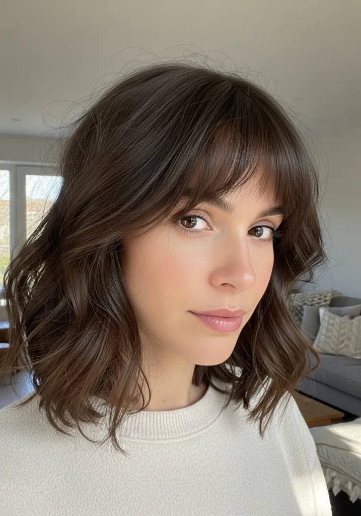 Medium length wavy bob with wispy bangs and soft natural texture.