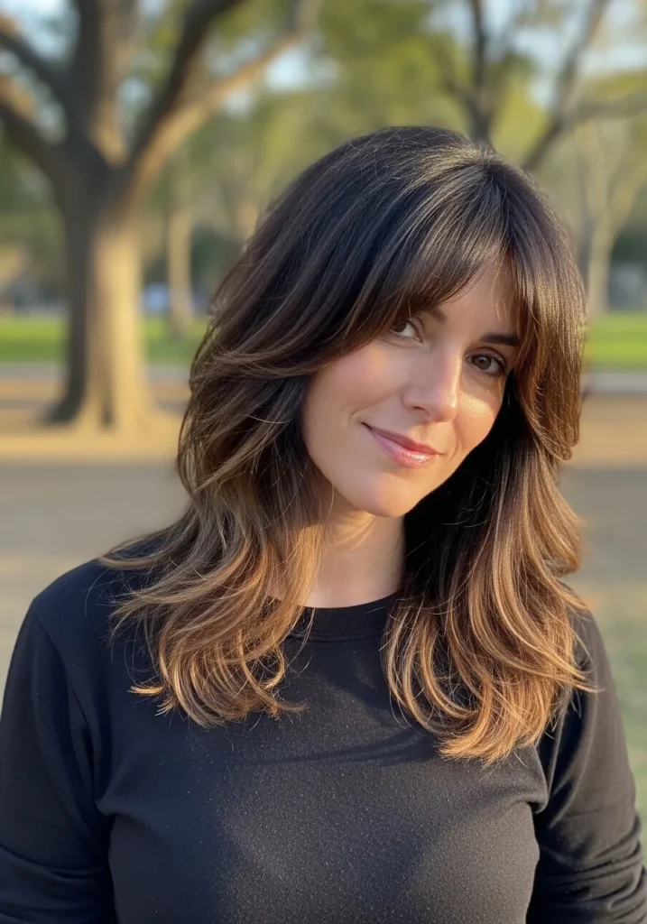 Medium length layered hair with soft curtain bangs and subtle sunlit highlights.