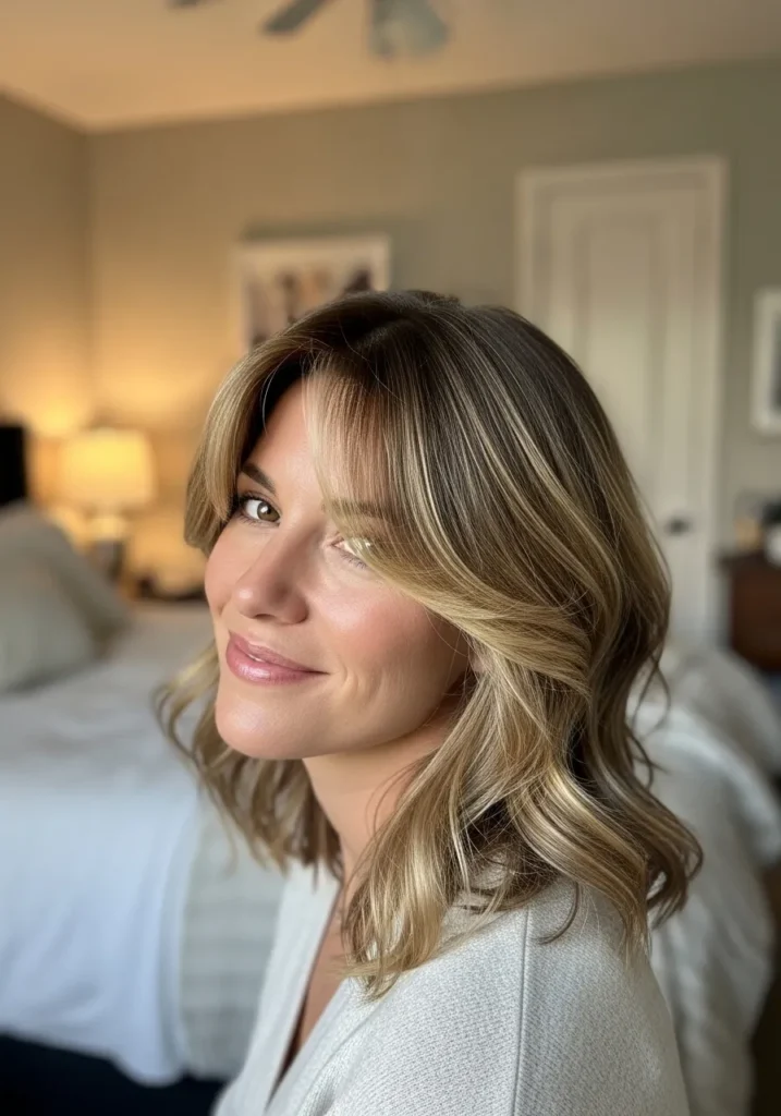 Medium length wavy hair with curtain bangs and blonde face framing highlights.