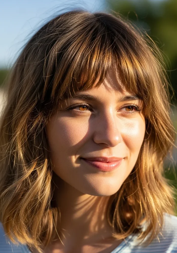Medium length textured hair with soft bangs and natural wavy movement.