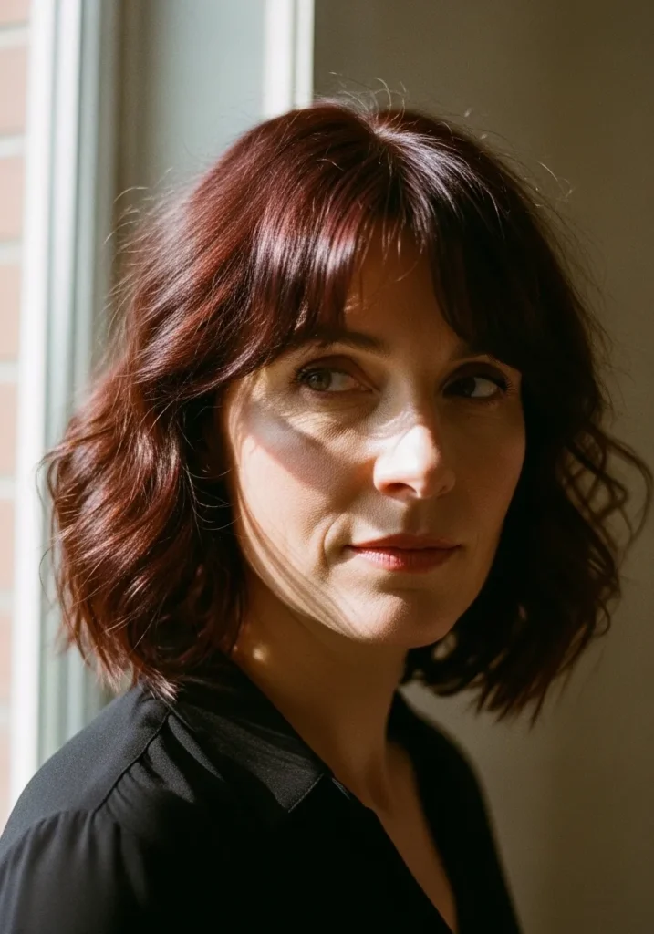 Medium length layered wavy hair with soft bangs and warm auburn color.