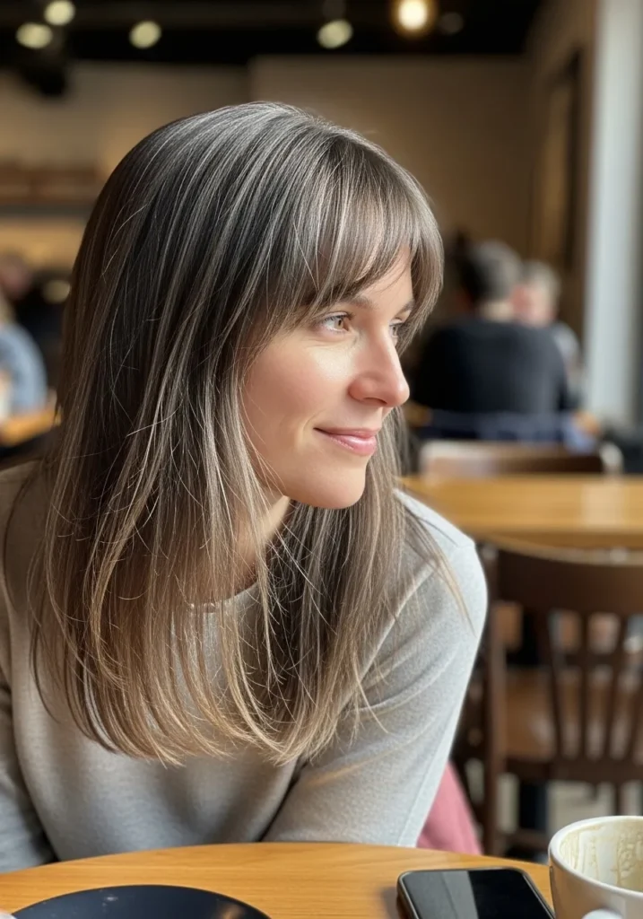 Medium length ash brown layered hair with soft side swept bangs and smooth finish.