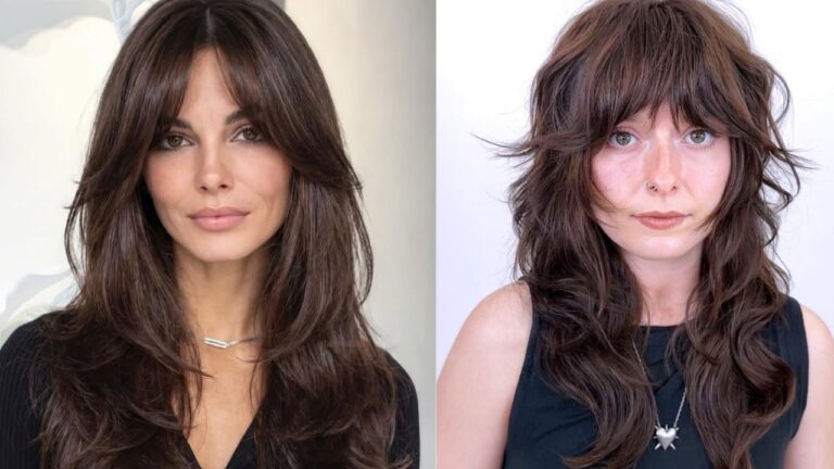Medium length layered brunette hair with soft curtain bangs and natural volume on one side and a more textured shaggy version with full bangs on the other.