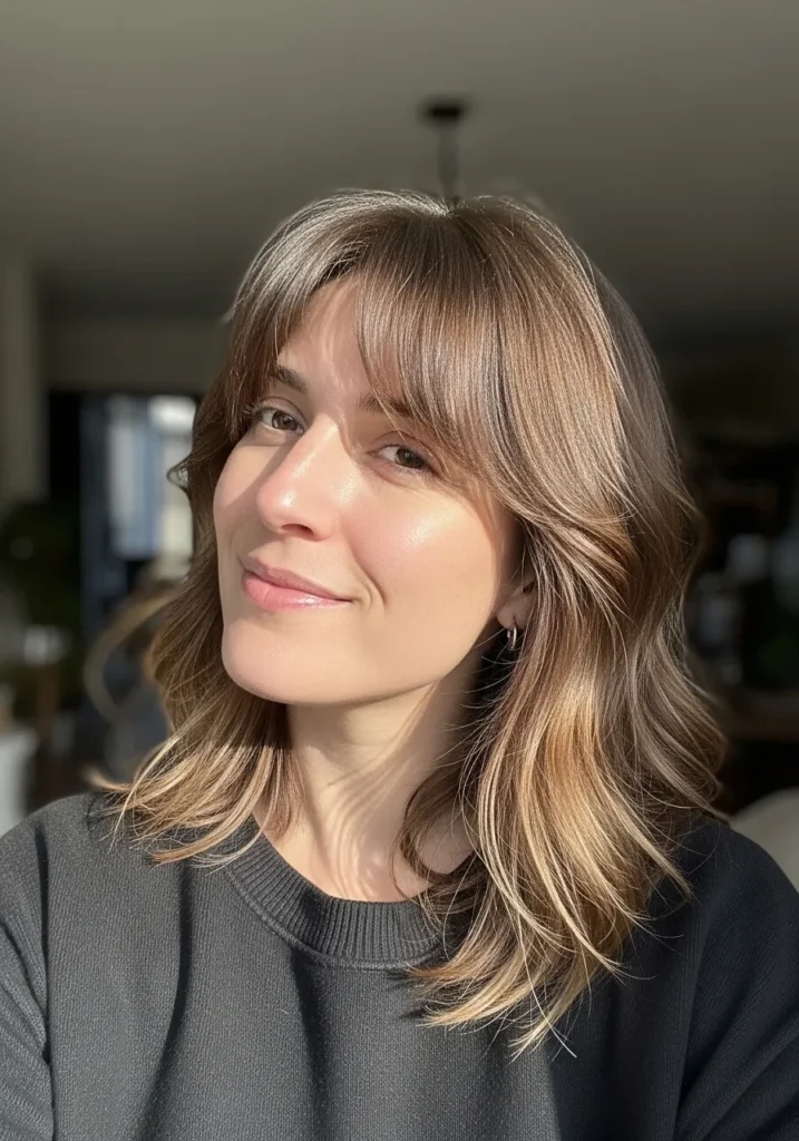 Medium length wavy hair with feathered layers and soft curtain bangs.