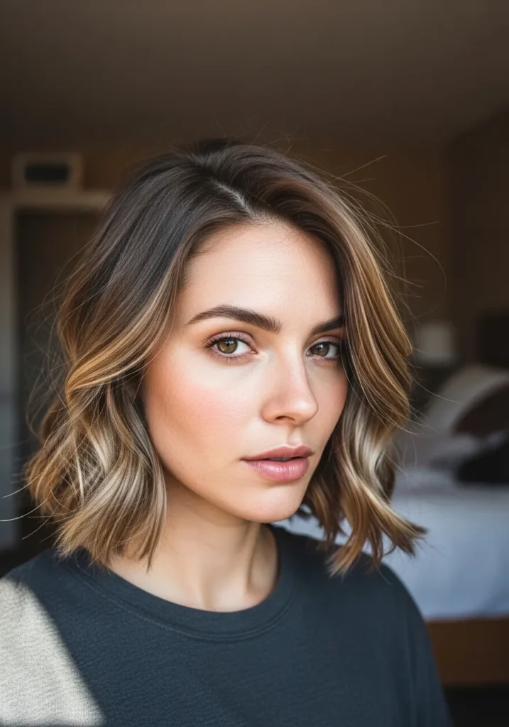 A woman with a chin length brunette wavy bob with soft waves and subtle highlights.