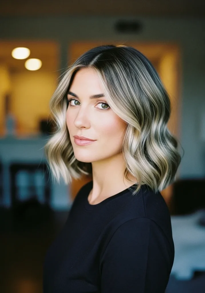 A woman with a jaw length blonde wavy bob with glossy soft waves and darker roots.