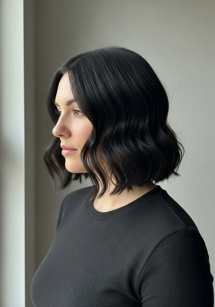 A woman with a sleek black wavy bob with defined waves and a center part.