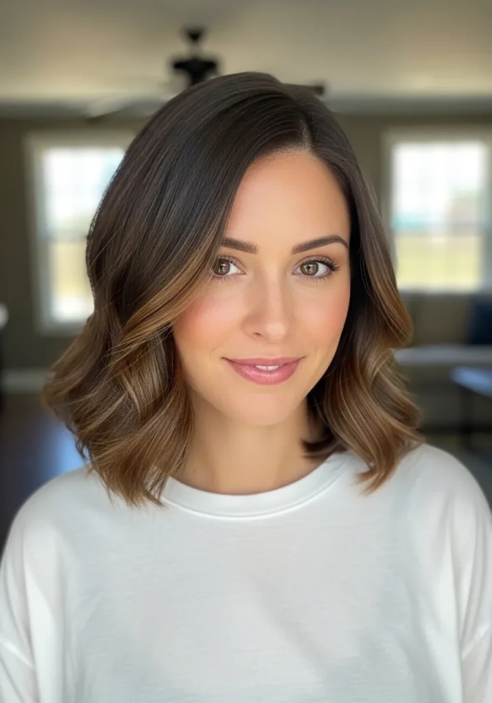 A woman with a warm brown wavy bob with soft volume and loose waves.