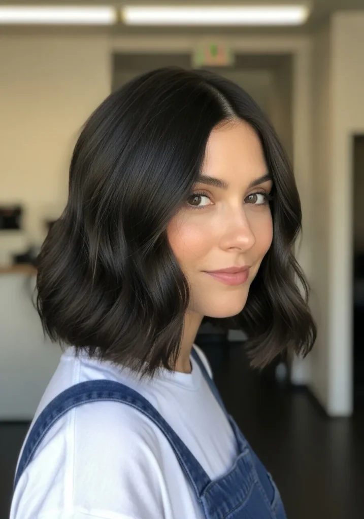 A woman with a glossy dark brown wavy bob with smooth flowing waves.