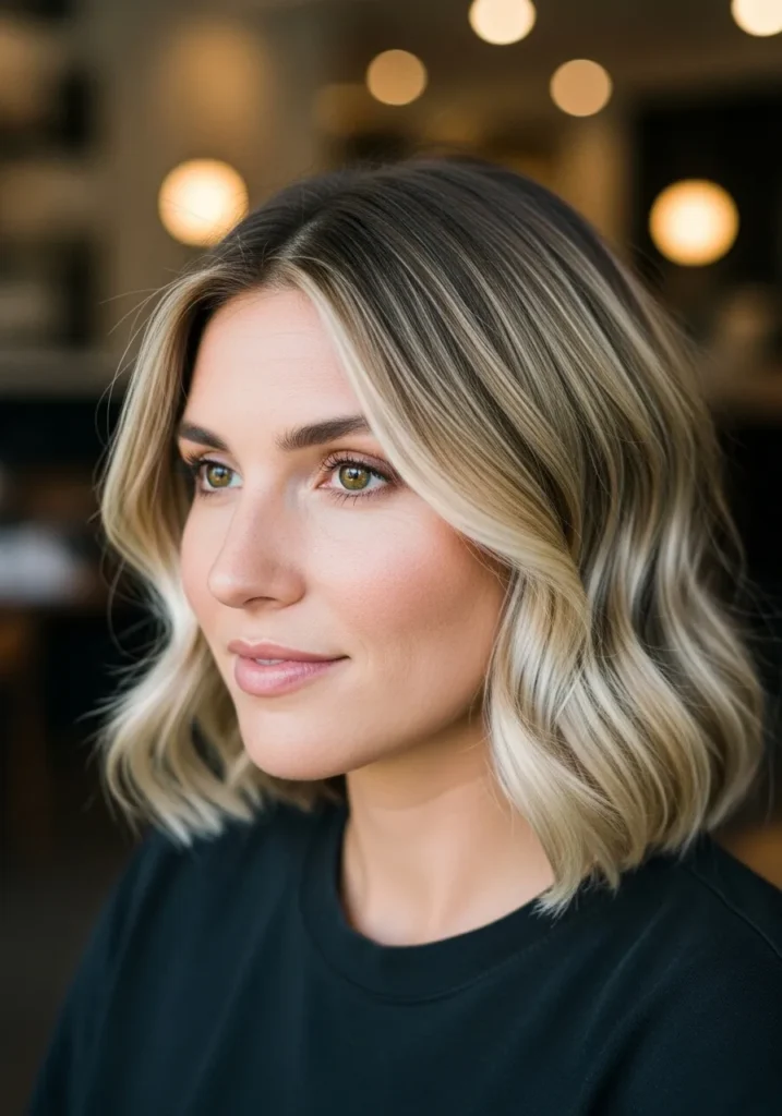 A woman with a beige blonde wavy bob with soft polished waves and subtle root shadow.